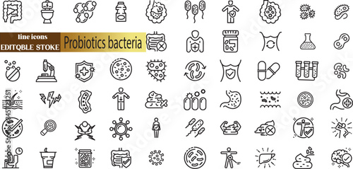 Probiotics bacteria, microbes, infection and pathogen cells concept editable stroke outline icon 