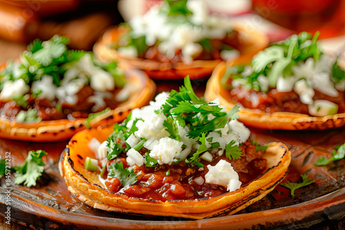 Traditional homemade Mexican food sopes on wooden table