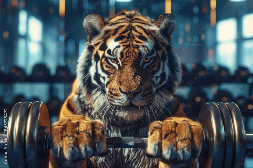 A tiger exercising with a barbell in a gym setting A tiger exercising with a barbell in a gym setting