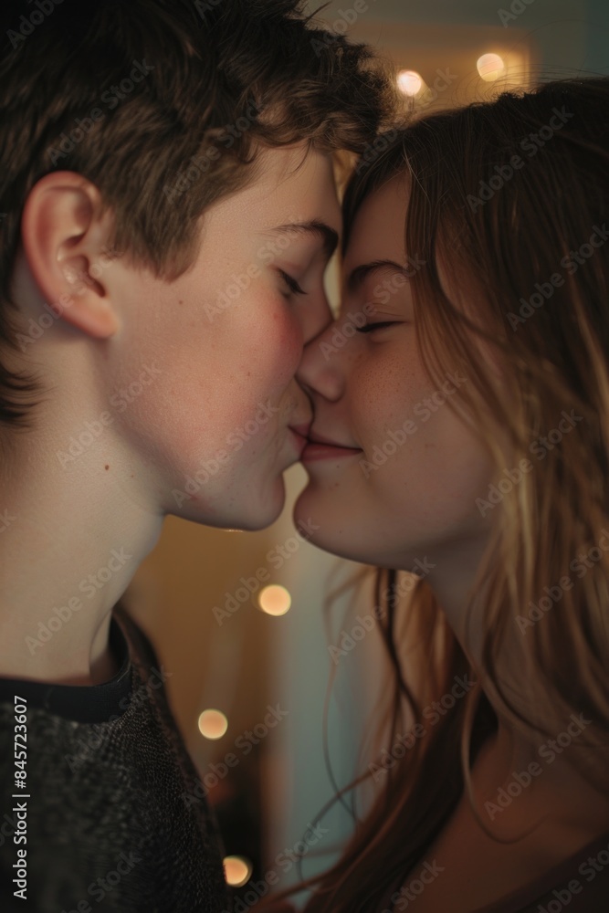 A romantic moment between two people, captured in a tender kiss A romantic moment between two people, captured in a tender kiss