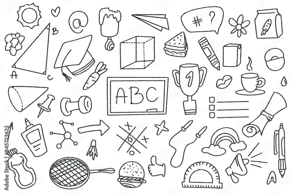 Set of doodle elements back to school. White student stationery on a dark background. School and Education supplies in sketch style. Vector graphics Set of doodle elements back to school. White student stationery on a dark background. School and Education supplies in sketch style. Vector graphics