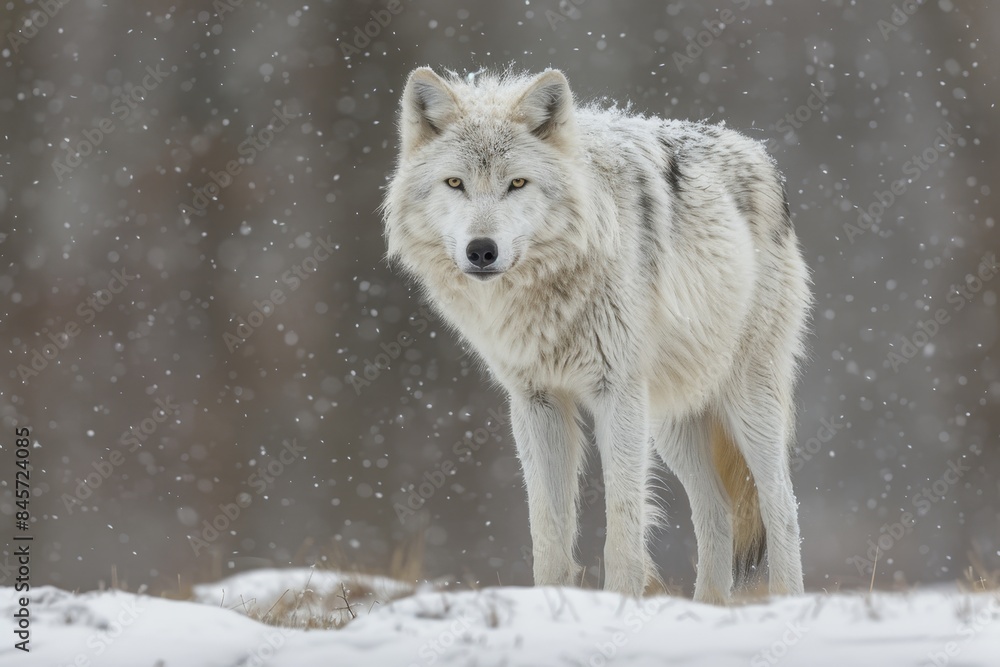 Obraz premium Majestic white wolf gracefully wandering through the tranquil and snow covered wilderness
