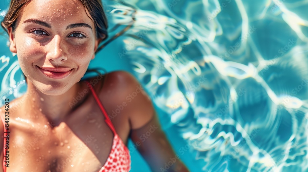 A young attractive woman lies in the pool on a hot day, spends her summer vacation in warm countries A young attractive woman lies in the pool on a hot day, spends her summer vacation in warm countries
