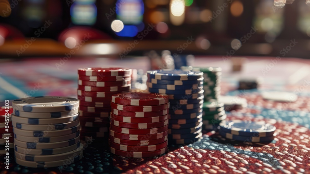 Stacked poker chips on a table surface Stacked poker chips on a table surface
