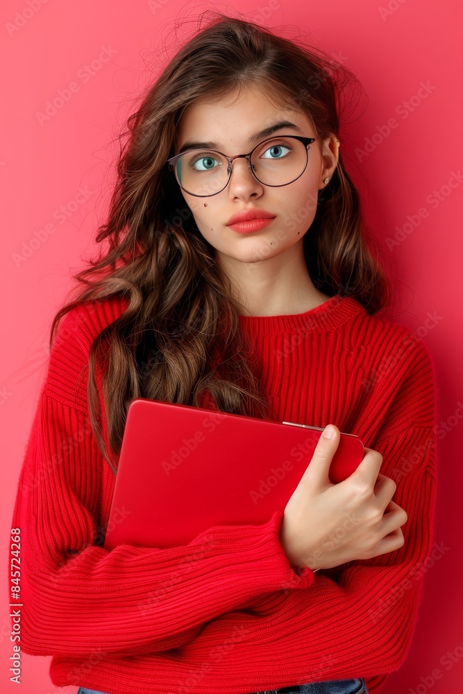 Young woman looking scared holding laptop in trendy outfit, isolated on pastel background Young woman looking scared holding laptop in trendy outfit, isolated on pastel background