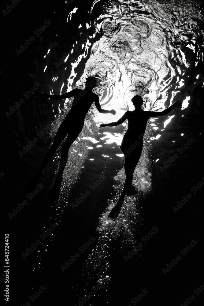 Fototapeta premium A pair of individuals standing in a calm body of water, possibly for relaxation or enjoyment
