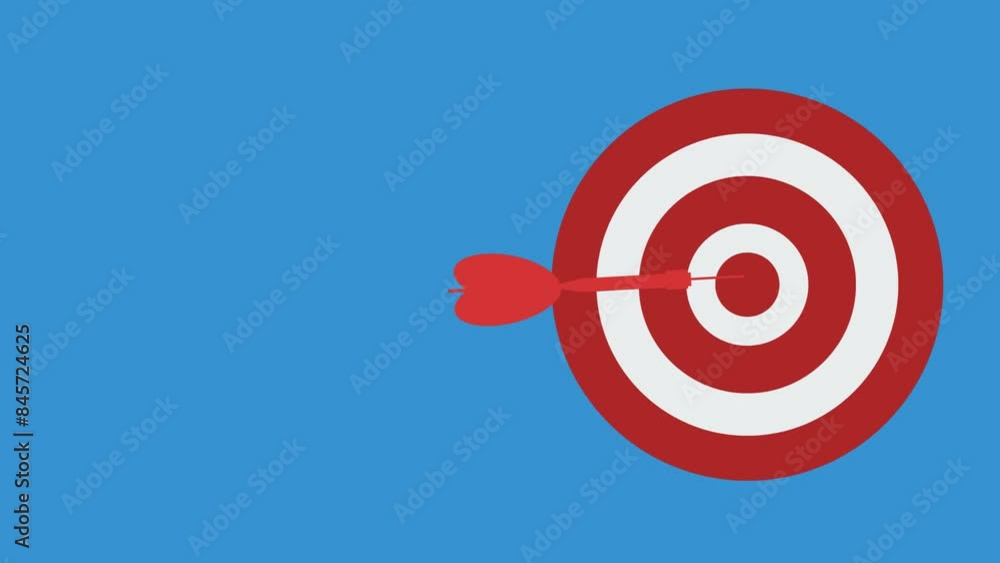 Dart hit the center of target on blue background.Business target achievement concept. 2d animation. Dart hit the center of target on blue background.Business target achievement concept. 2d animation.