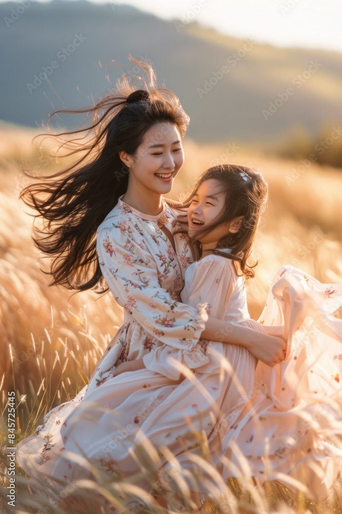 A mother and daughter in a natural environment A mother and daughter in a natural environment