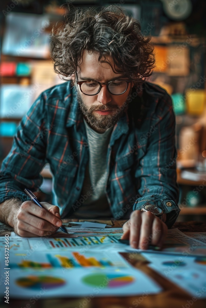The man draws up a report with histo- and diagrams The man draws up a report with histo- and diagrams