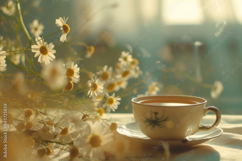 A ceramic cup and saucer setting on a wooden or metal table A ceramic cup and saucer setting on a wooden or metal table