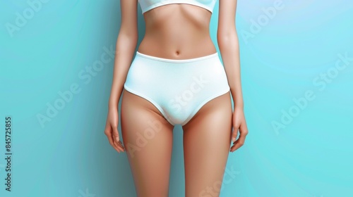 A woman wearing a white bikini top and panties, suitable for beach or summer theme