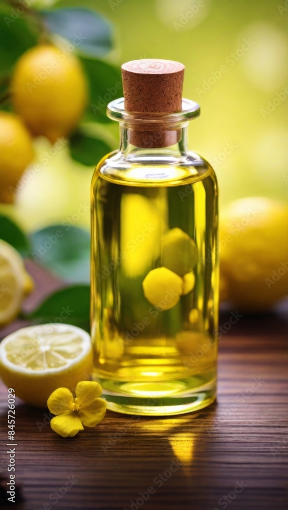 Lemon essential oil in a bottle. aromatherapy oil natural organic cosmetic. Lemon essential oil in a bottle. aromatherapy oil natural organic cosmetic.