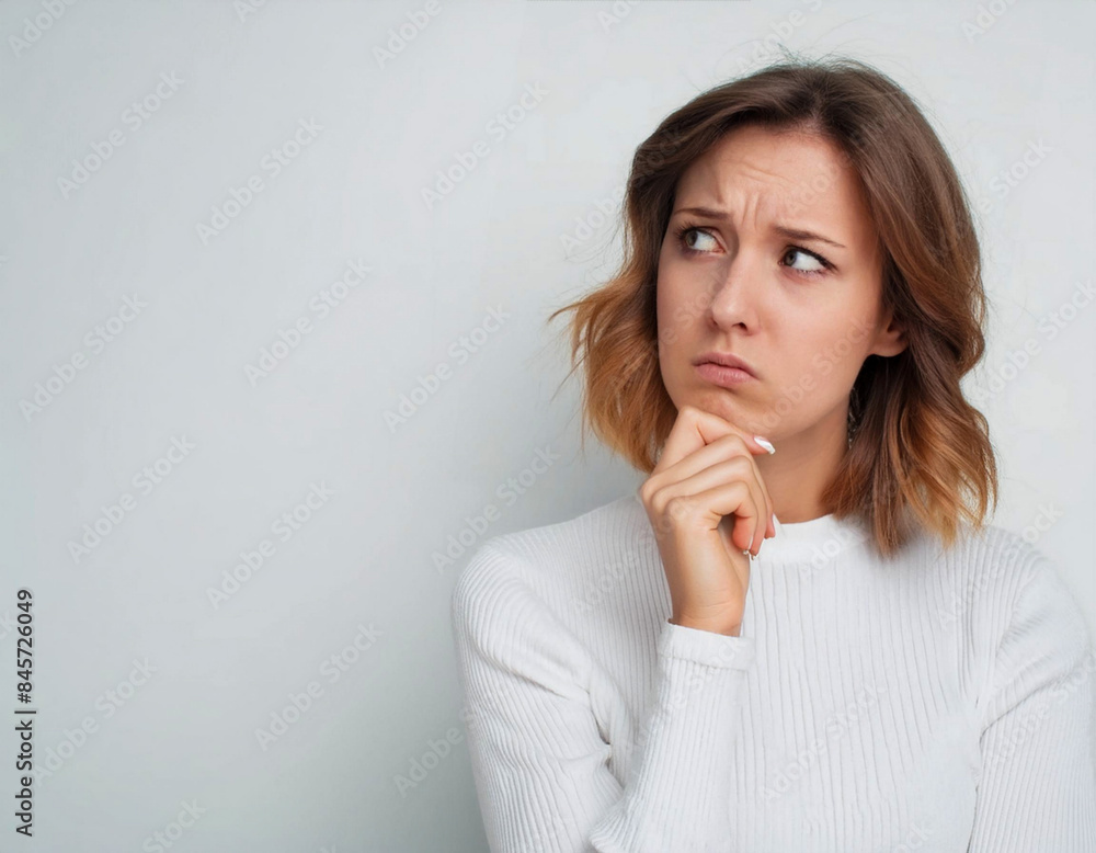 portrait of pensive sad young woman thinking and wonder on white background portrait of pensive sad young woman thinking and wonder on white background