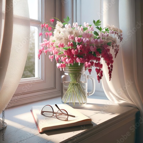 A vibrant bouquet of pink and white flowers is showcased in a clear Mason jar on a sunlit table with eyeglasses on a book