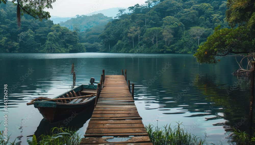 serene lake surrounded by lush forest, with a wooden dock stretching out into the water and a small rowboat moored nearby serene lake surrounded by lush forest, with a wooden dock stretching out into the water and a small rowboat moored nearby