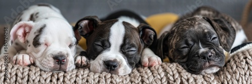 Cute newborn puppy peacefully sleeping with its siblings in a cozy basket together