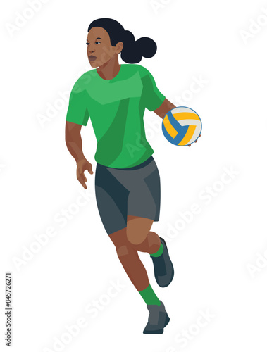 Dark-skinned women's volleyball girl player in a green t-shirt runs with ball for throw it