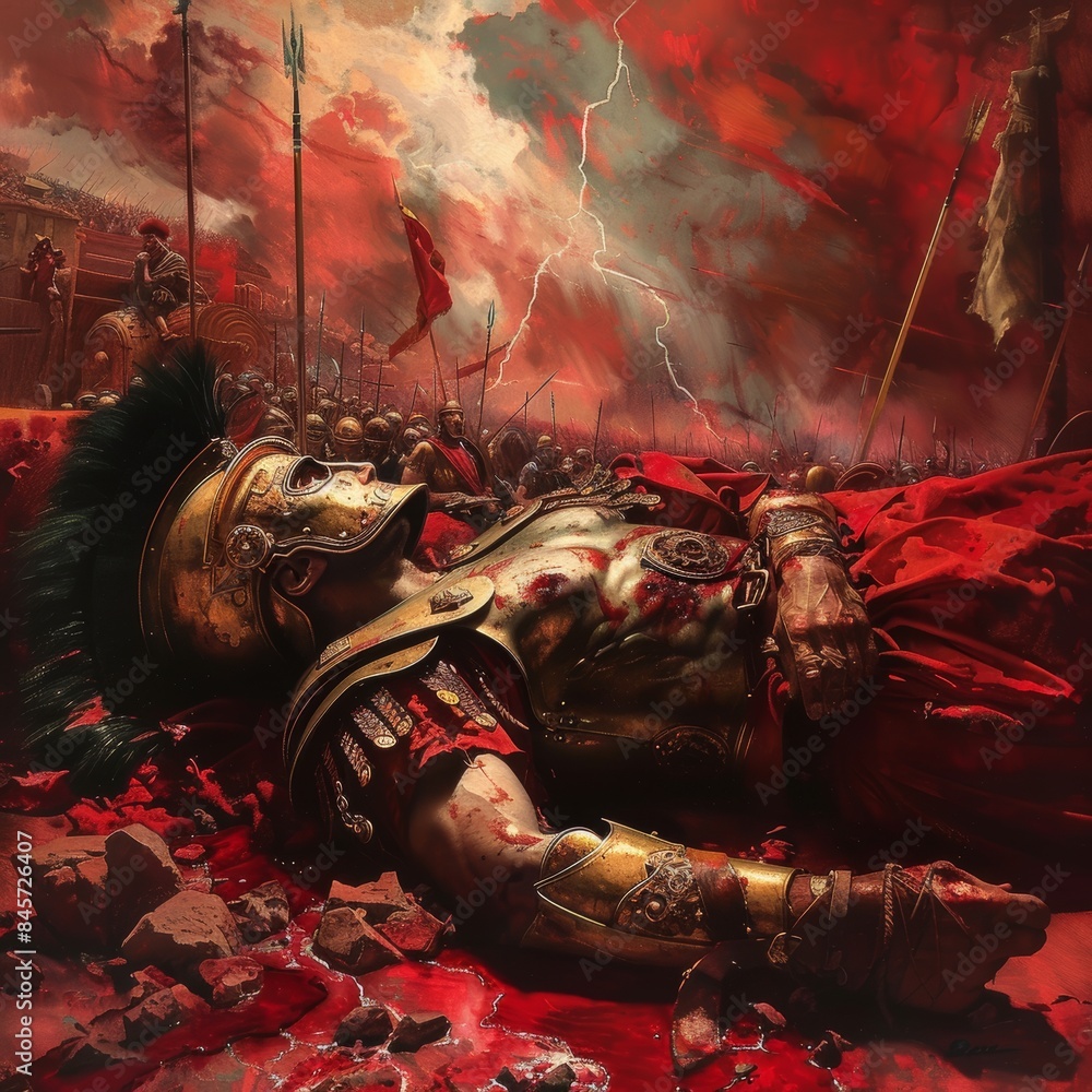 Fallen warrior amidst a battlefield of chaos and destruction during ancient times in a vivid red landscape Fallen warrior amidst a battlefield of chaos and destruction during ancient times in a vivid red landscape