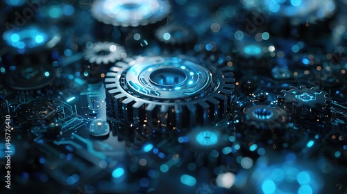 close up view of a gears, Blue gears technology background,Hi-tech digital technology and engineering on blue color background