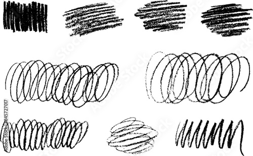 Handwriting pencil texture scribble elements. Crayon charcoal squiggle and swirl. Handwriting lines isolated shapes for design, background. Kid sketch doodles set.