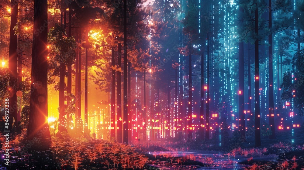 A fusion of nature and technology in a pixelated forest