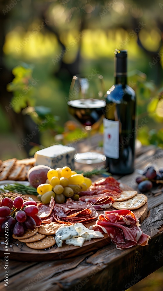 Close up of a charcuterie board with wine Close up of a charcuterie board with wine