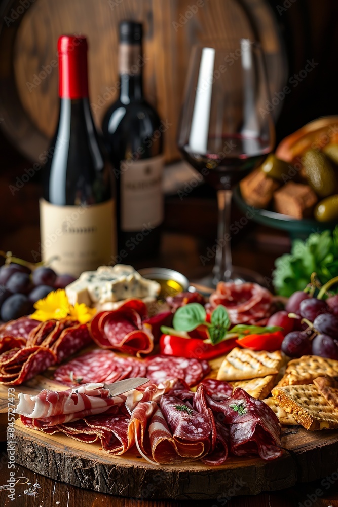Close up of a charcuterie board with wine Close up of a charcuterie board with wine