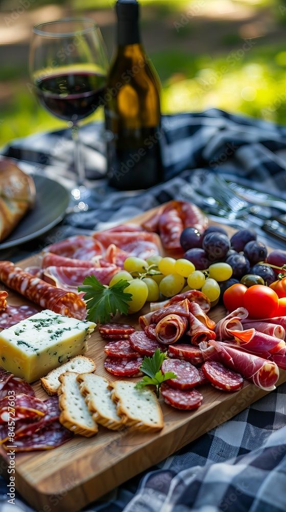 Close up of a charcuterie board with wine Close up of a charcuterie board with wine