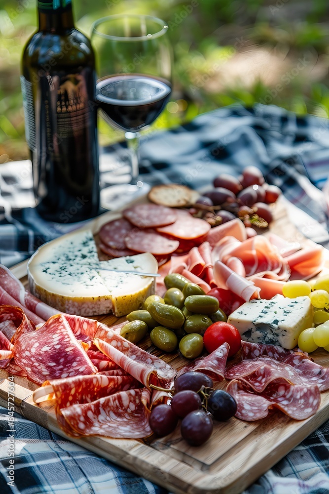 Close up of a charcuterie board with wine Close up of a charcuterie board with wine