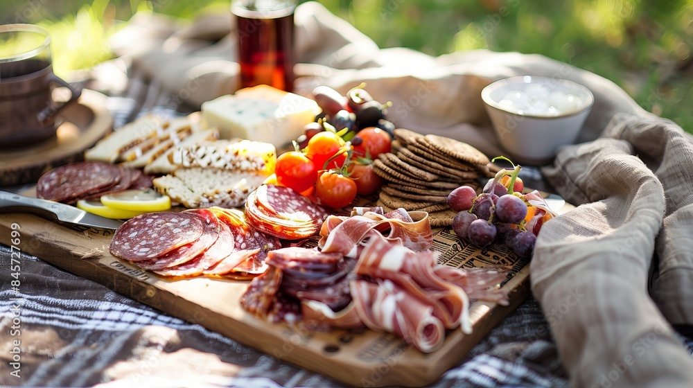 Close up of a charcuterie board with wine Close up of a charcuterie board with wine