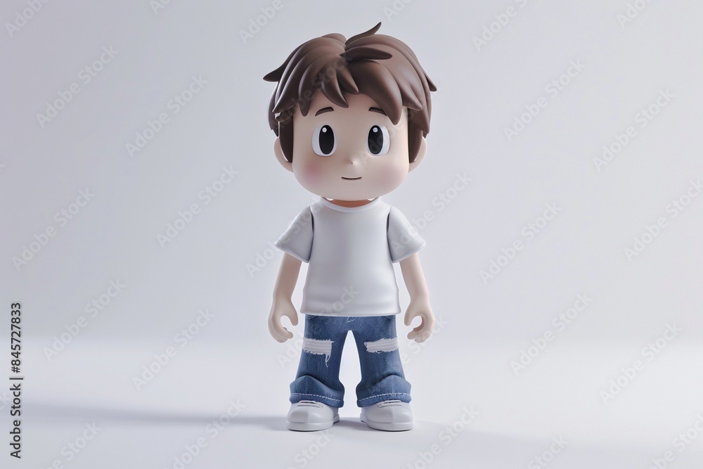 Casual chibi male 3D model vinyl toy in jeans and a t-shirt, displayed on a white background in a frontal view. Casual chibi male 3D model vinyl toy in jeans and a t-shirt, displayed on a white background in a frontal view.