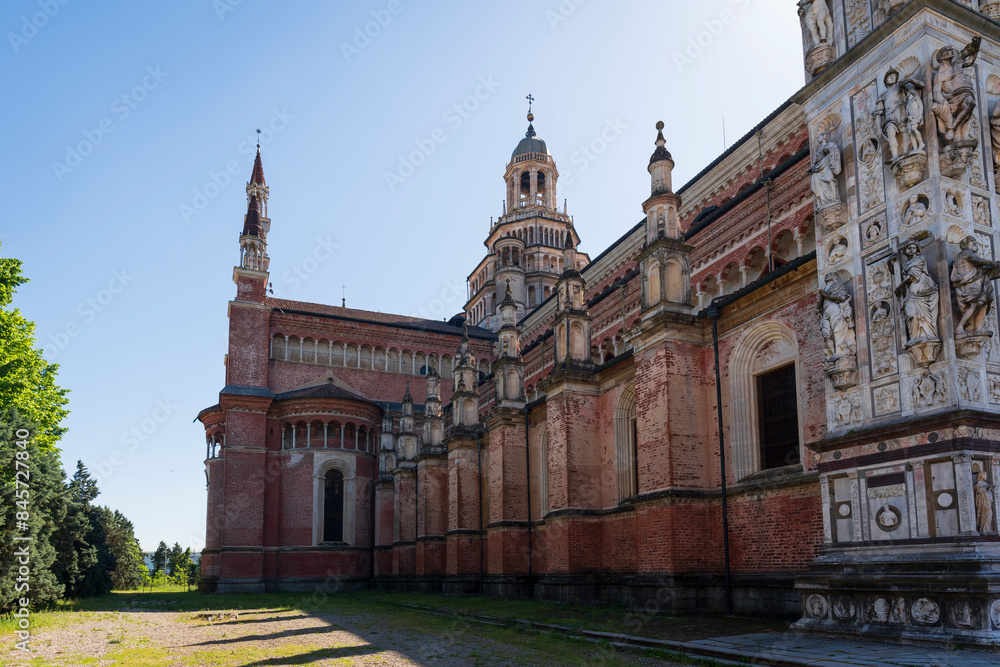 Obraz premium Certosa di Pavia monastery, historical monumental complex that includes a monastery and a sanctuary. .Close up of the church on the left face,Pavia,Italy.