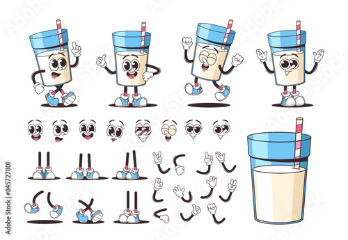Set Of Cartoon Milk Glass Characters Construction Kit With Facial Expressions And Poses. Includes Customizable Elements
