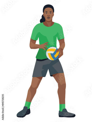 Ugandan women's volleyball girl player in a green sports uniform standing with the ball in her hands during a game