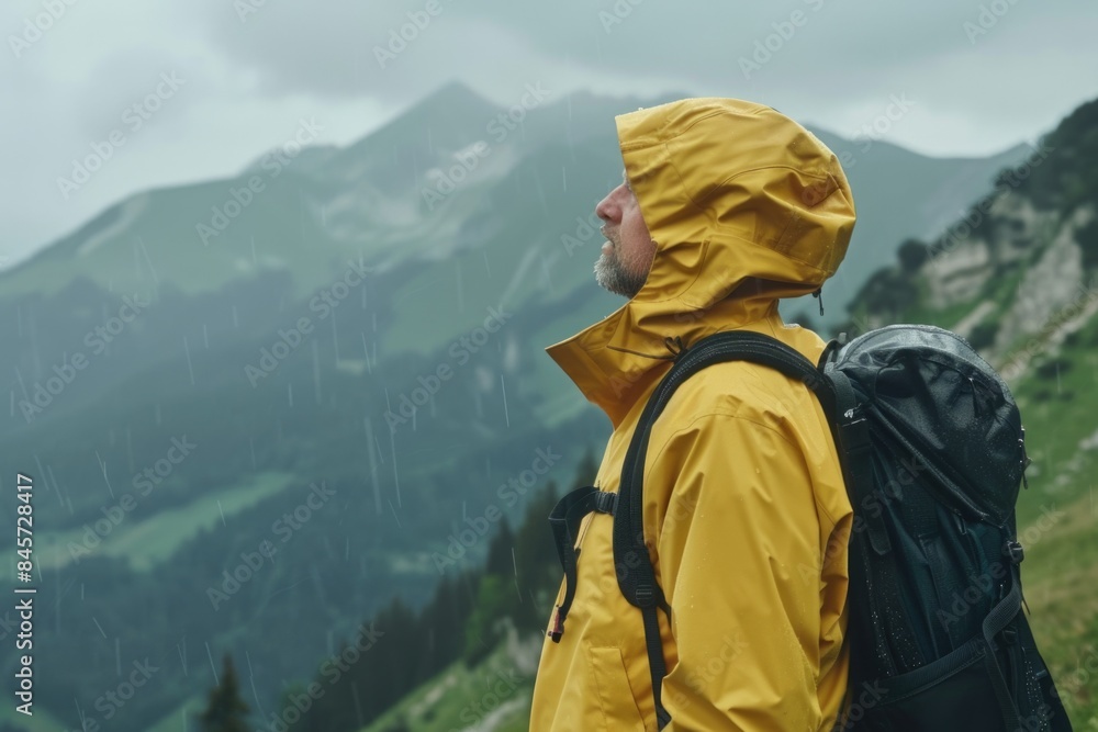 A person wearing a yellow rain jacket stands in the rain, possibly waiting for transportation or just enjoying the weather
