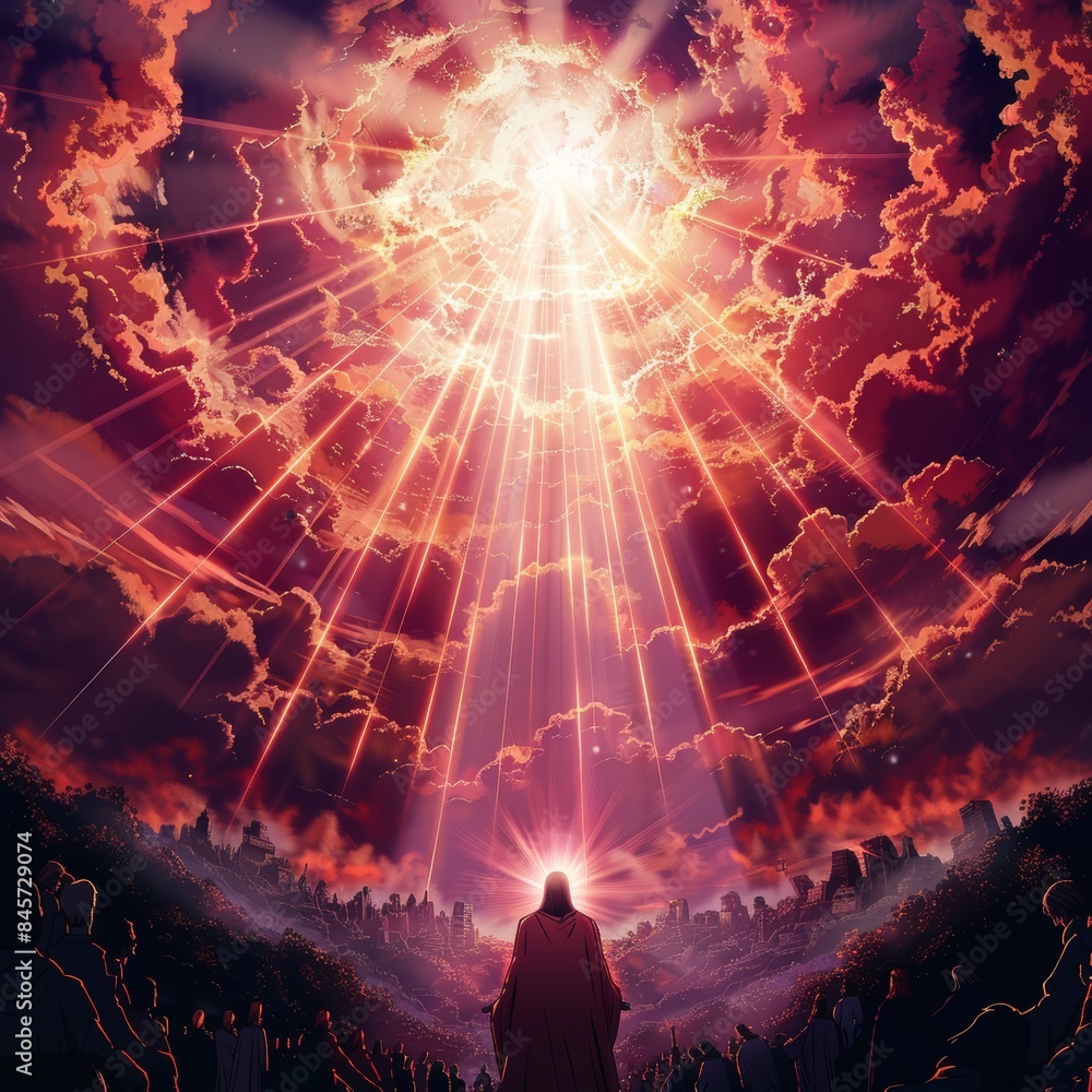 Celestial light descends upon a gathering of people in a dramatic twilight setting filled with vibrant colors Celestial light descends upon a gathering of people in a dramatic twilight setting filled with vibrant colors