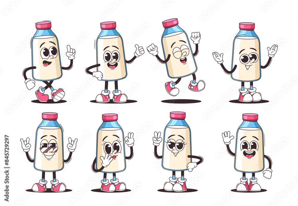 Vector Set Of Cute Cartoon Dairy Product Characters Showcasing Different Expressions And Poses. Milk Bottle Animation Vector Set Of Cute Cartoon Dairy Product Characters Showcasing Different Expressions And Poses. Milk Bottle Animation