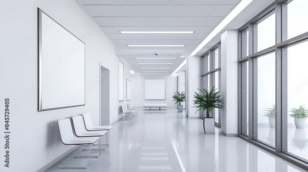 A mockup of an empty white poster on the wall in modern hospital waiting room with comfortable chairs and medical equipment. empty white blank poster on white wall in hospital, white board, A mockup of an empty white poster on the wall in modern hospital waiting room with comfortable chairs and medical equipment. empty white blank poster on white wall in hospital, white board,