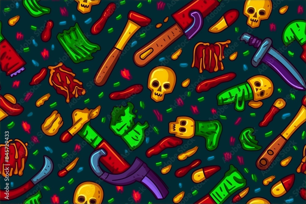 Obraz premium Horror pattern with blood, zombies, axes, warning signs, chaotic, eerie, Halloween, spooky, dark, creepy, frightening, terrifying, ominous, chilling, sinister, haunted house.
