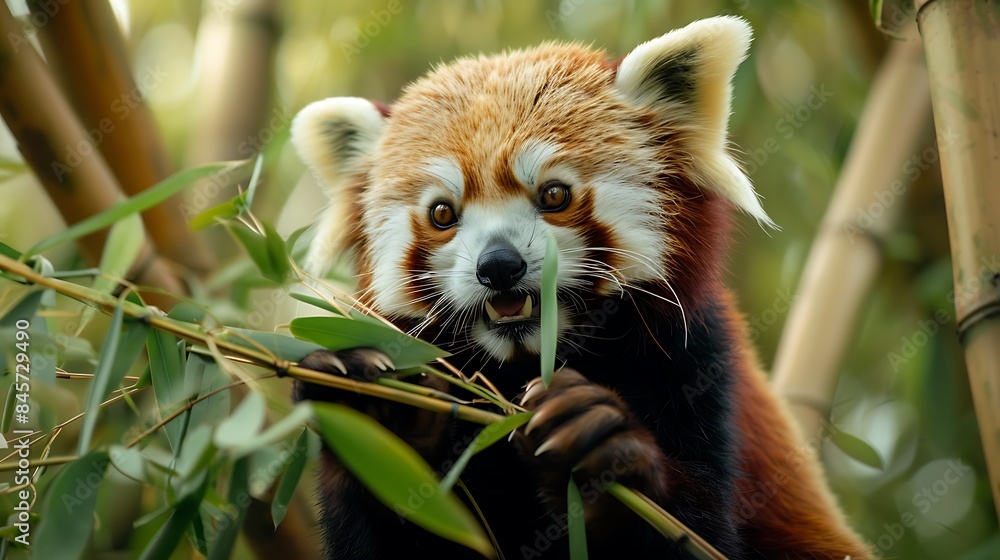 Fototapeta premium A red panda eating bamboo