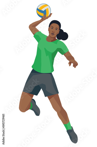 Black women's volleyball girl player in a green shirt who jump and throw the ball with one hand