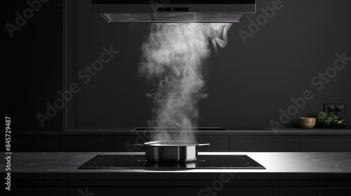 Induction stove, oven and range hood on modern kitchen with wooden furniture. Stainless pan on glass ceramic hob. Cooking food on electric cooker at home. Household appliance. Apartment interior © PaulShlykov
