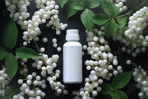 Mockup. White bottle for cosmetics and vitamins on a dark background. Flat layer, top view