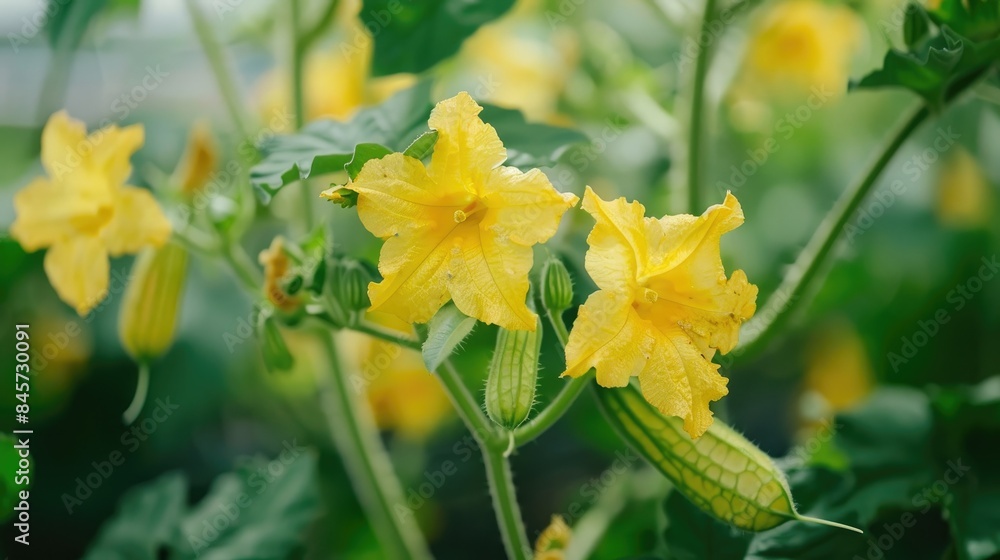 Fototapeta premium Trumpet shaped and small flowers of a yellow cucumber