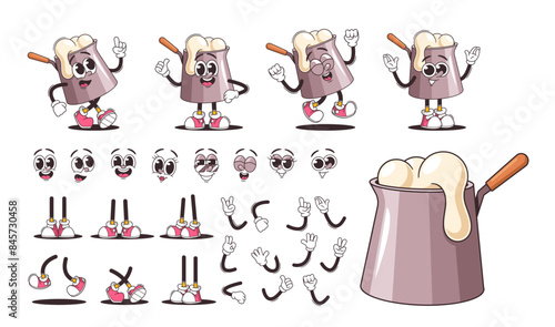 Construction Set Featuring A Retro Cartoon Dairy Product Character With Various Facial Expressions, Hands, And Poses