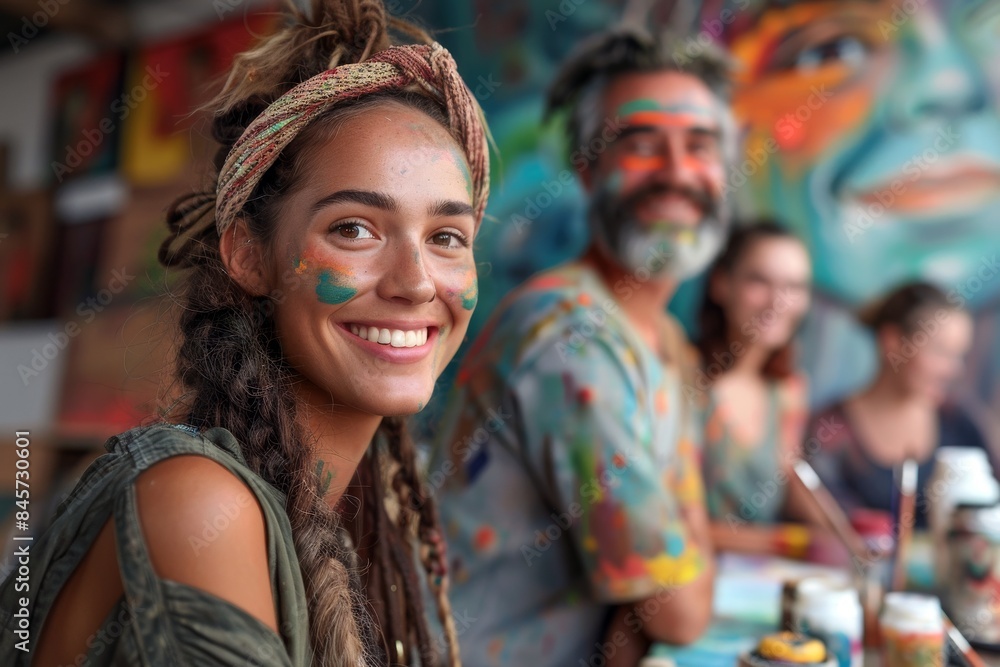 Fototapeta premium Smiling young woman with friends at art workshop