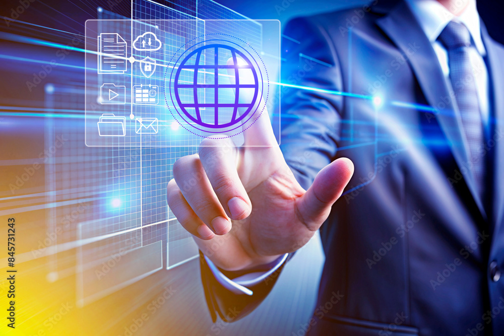Fototapeta premium Businessman touching Global network connection with virtual graphic icon diagram, Big data analytics and business intelligence concept, global business, Digital link tech.