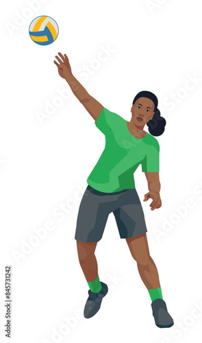 Dark-skinned women's volleyball girl player in green sports uniforms throw the ball with one hand © ivnas