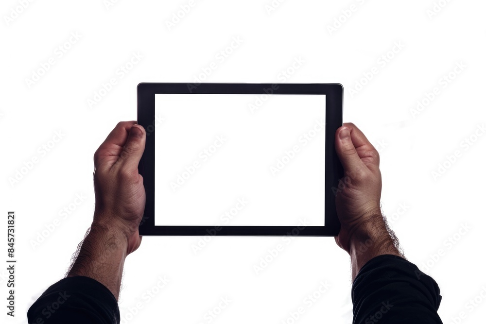 A person holding a tablet computer with a blank white screen, potential for various uses including education, technology, and more A person holding a tablet computer with a blank white screen, potential for various uses including education, technology, and more