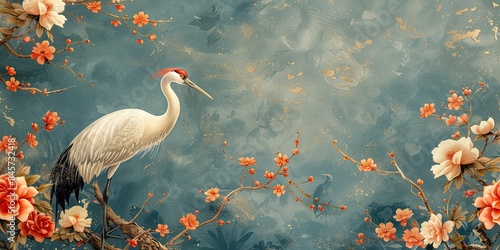 Fototapeta Naklejka Na Ścianę i Meble -  a hand drawn gold crane bird illustration is displayed beside a peony flower in vintage style oriental floral pattern banner design